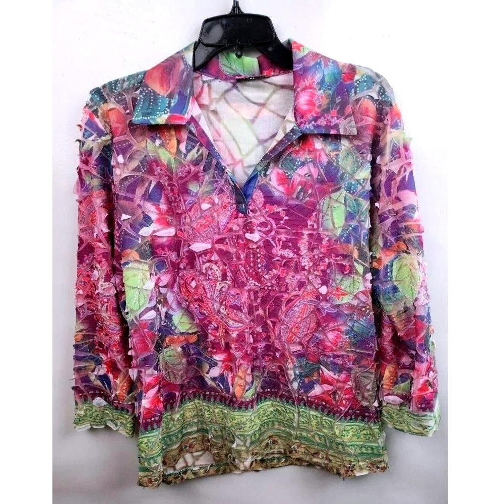 Cubism Art To Wear Top Womens XL Purple Abstract Floral Textured MeshBlouse